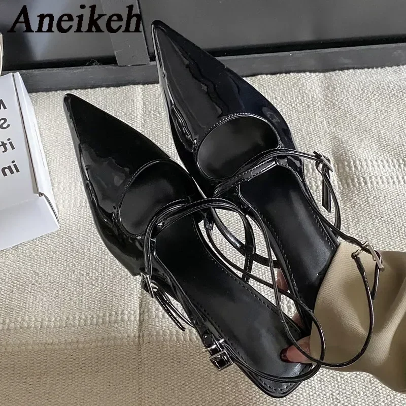 Aneikeh ฤดูร้อนใหม่แฟชั่น Pointed Toe เซ็กซี่เงิน Slingback ผู้หญิง Luxury Med Heel รองเท้าแตะปั๊มงานแต่งงาน Zapatos Mujer