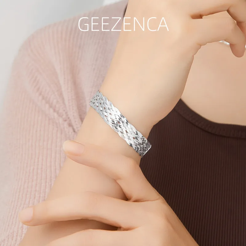 

GEEZENCA Итальянские ювелирные изделия из стерлингового серебра 925 пробы 8 в 1 плетеный тканый браслет-цепочка для женщин 6 мм плоские блестящие модные браслеты