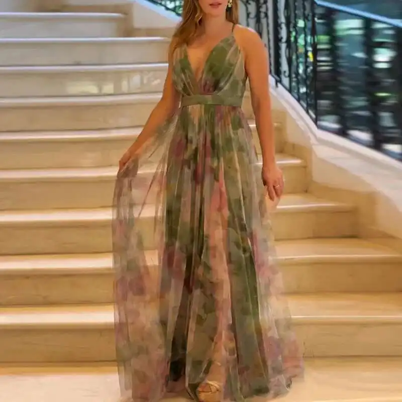 Summer Sexy V Neck High Waist Pleated Long Elegant Off Shoulder Swing Beach Dresses New Mesh Printed Women's Evening Dress