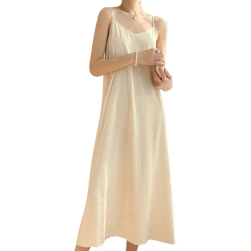 Mulheres cetim jacquard cinta vestido de casamento 2025 verão novos vestidos soltos y2k feminino cinta sem mangas longo robe chique vestidos de festa