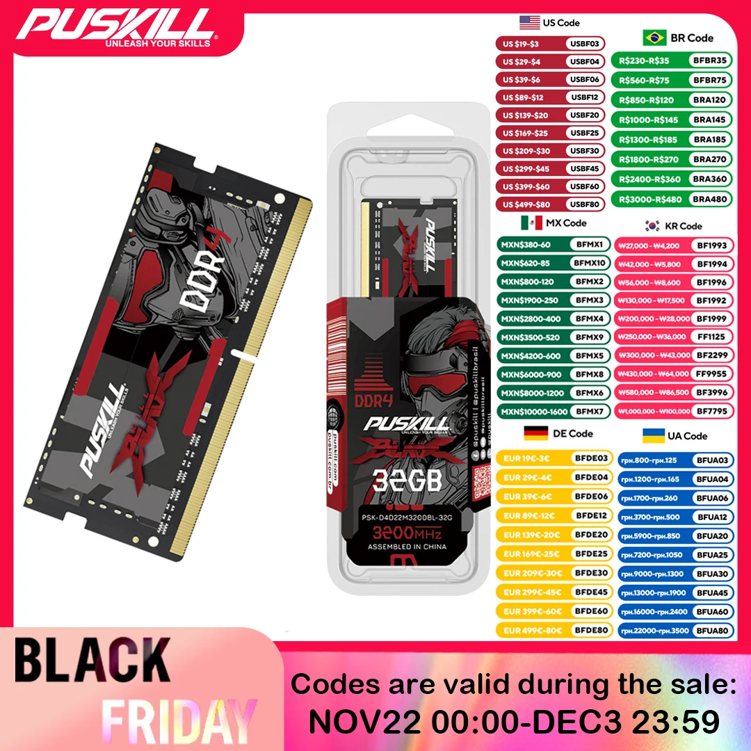 PUSKILL Memoria Ram Notebook DDR4 DDR3L 16GB 8GB 4GB 32GB 3200 2666 2400 1600 1333 Sodimm Laptop Memory