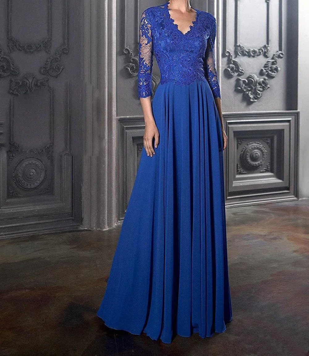 Elegante requintado vestido de renda A linha, mangas compridas, ombro fora, chiffon, azul, mãe da noiva, festa de casamento, noite, 2024