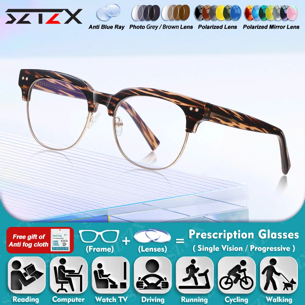 

SZTZX High Quality New Design Eyebrow Frame Myopia Prescription Glasses Round Men Blue Light Filter Progressive Reading Eyeware