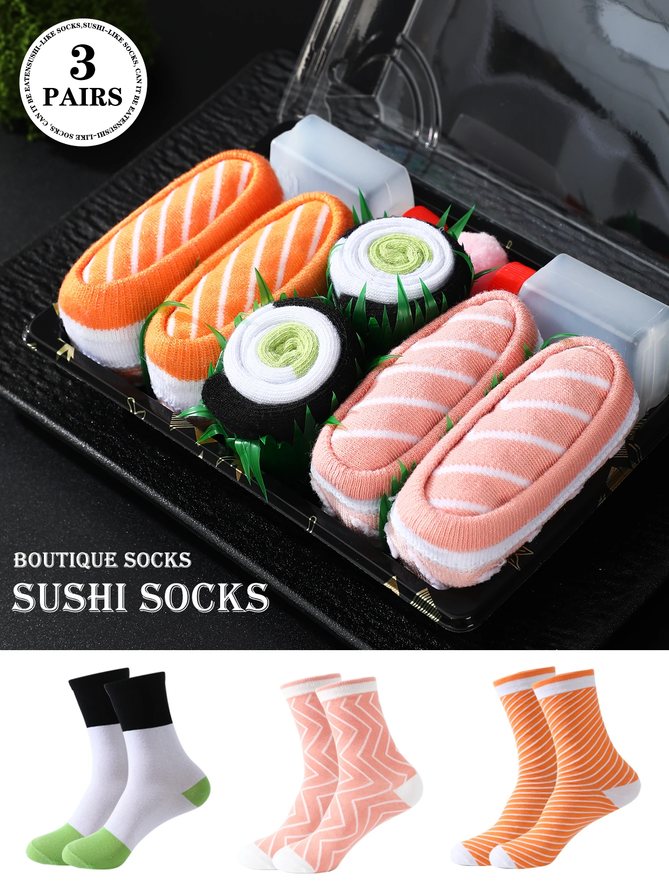 

3pair of mid-calf unisex socks in a salmon sushi design, a novel and creative practical gift that is fun for the holidays.