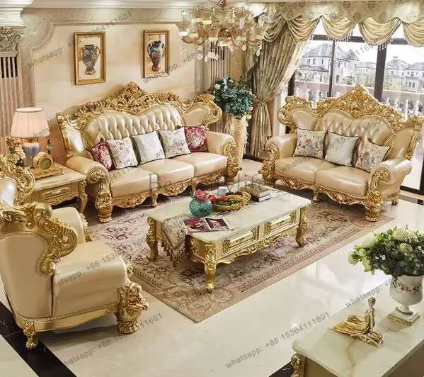 

European luxury solid wood sofa carved dining table high-end marble dining table and chairs combination champagne gold