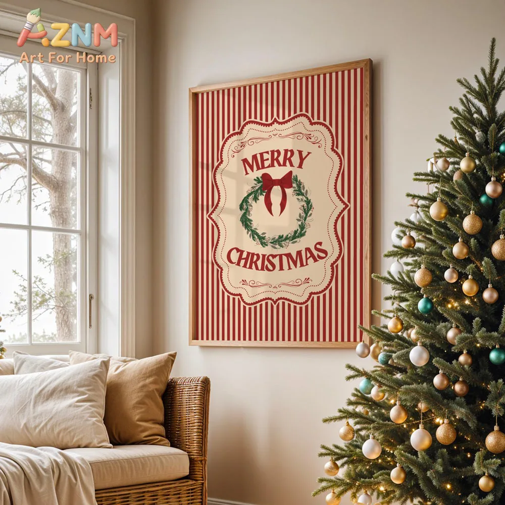 Trendy Christmas Tree Retro Santa Cocktail Poster Hello Winter Wishes Canvas Print Cozy Farmhouse Christmas Decor Seasonal Gift