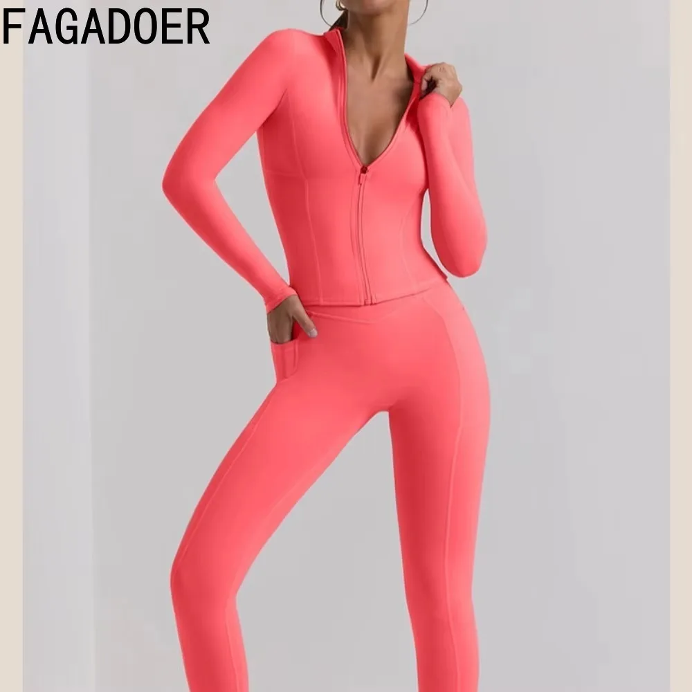 FAGADOER Quality Casual Sporty women 2 piece set outfit Zipper Long Sleeve Slim Top + Legging Pants suits Female Spring summer