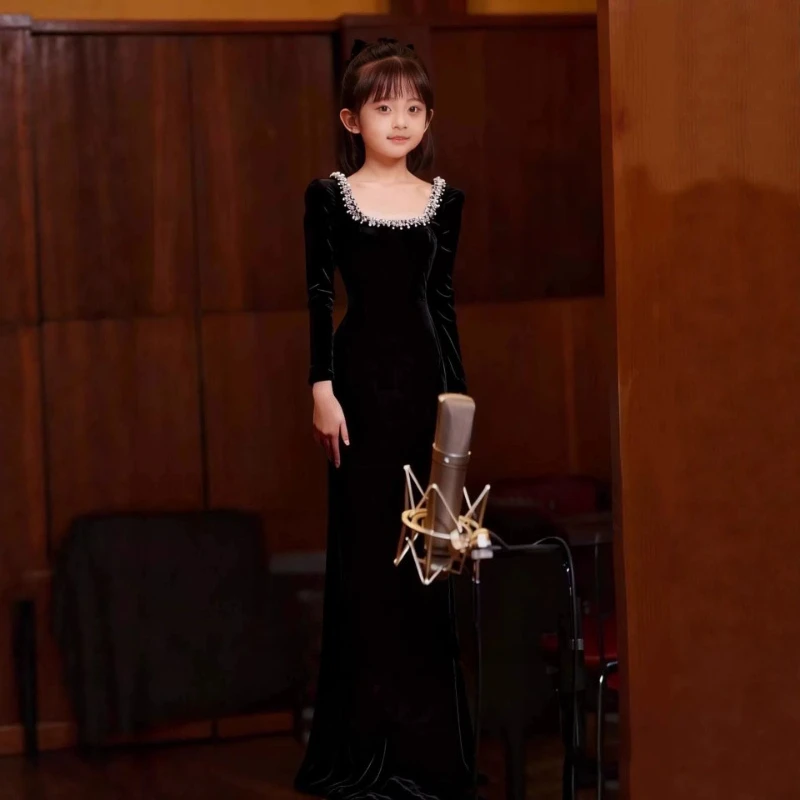 2026 Children Girls Long Sleeve Evening Dress French Style Birthday Model Piano Violin Runway Performance Pageant Gown Costume