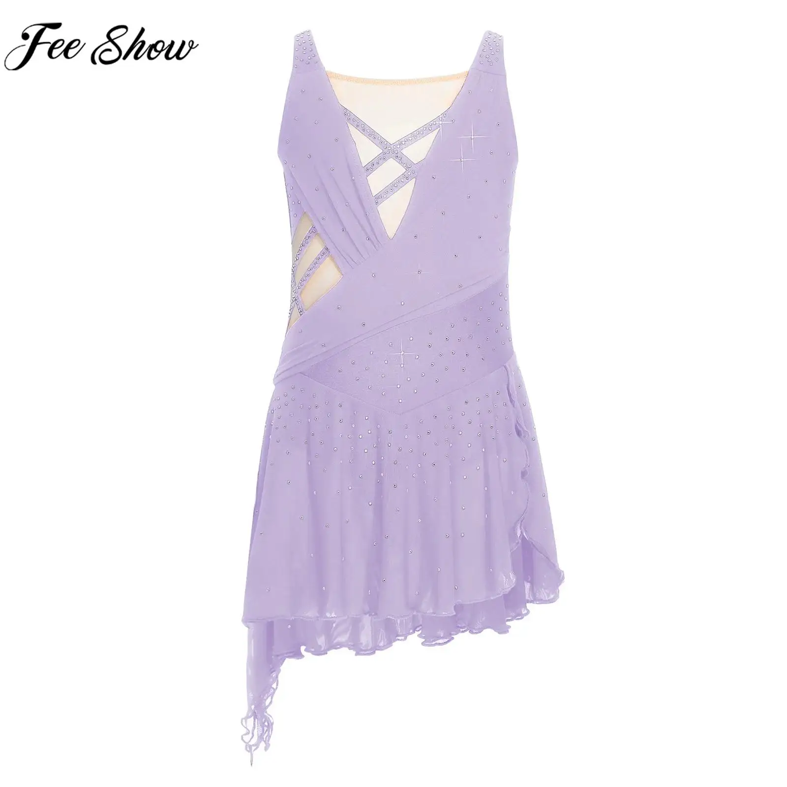 Children Girls Shiny Rhinestones Sheer Mesh Figure Skating Dress Lyrical Dance Ballet Gymnastics Acrobatics Leotard Dancewear