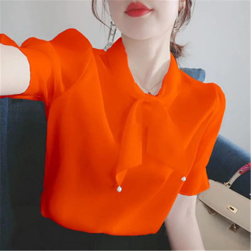 

2023 New Korean Fashion Women Summer Chiffon Blouses Shirts Lady Casual Bow Tie Collar Short Puff Sleeve Chiffon Blusas Tops