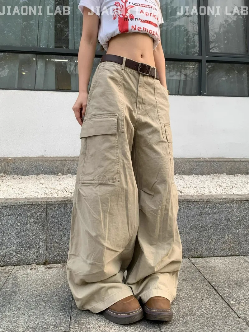 2026 American Retro Loose Curved Blade Outdoor Cargo Pants for Women Casual Straight Leg Long Trousers with Multi Pockets