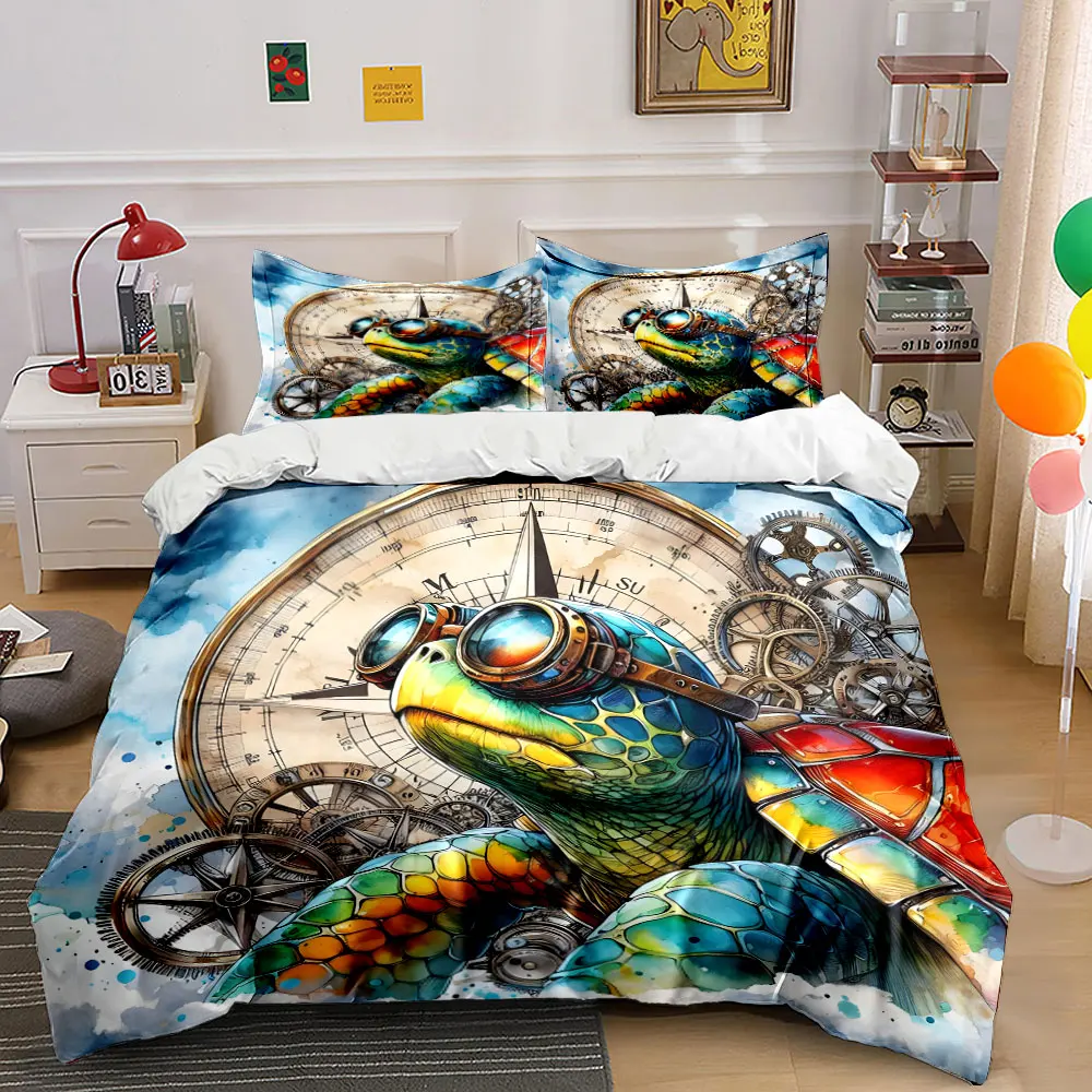 Colorful mechanical turtle with vintage clock backdrop Bedding Set 1 Duvet Cover 2 Pillowcases for Adult Children Luxury Gif