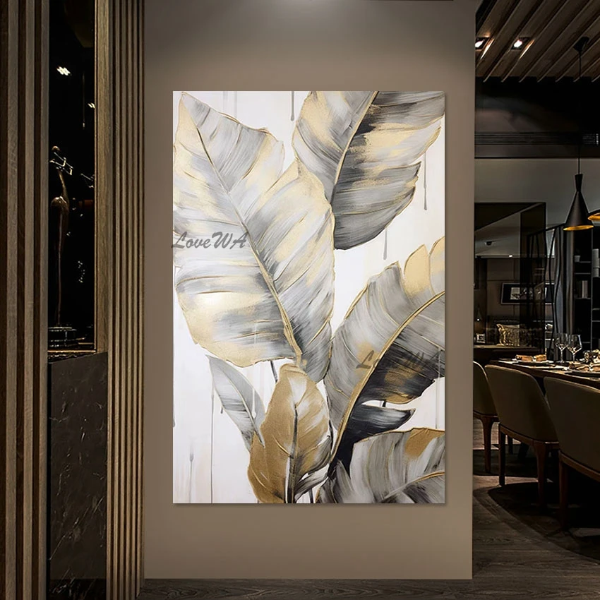 

Modern Art Designs Leaves Added Gold Foil Hand Painted Abstract Oil Painting Living Room Pictures Canvas Wall Hanging Home Decor