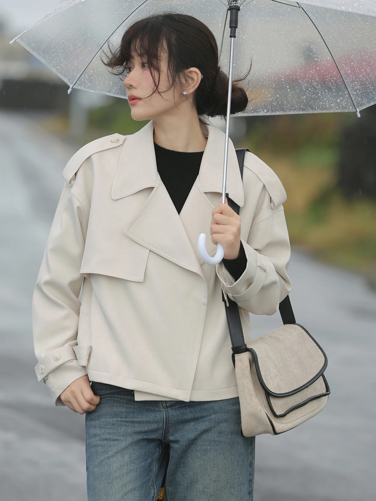 Trench-Coat court élégant pour femmes, automne, Vintage, revers, vêtements d'extérieur amples, épaules tombantes, veste Chic pour bureau, Look décontracté à la mode