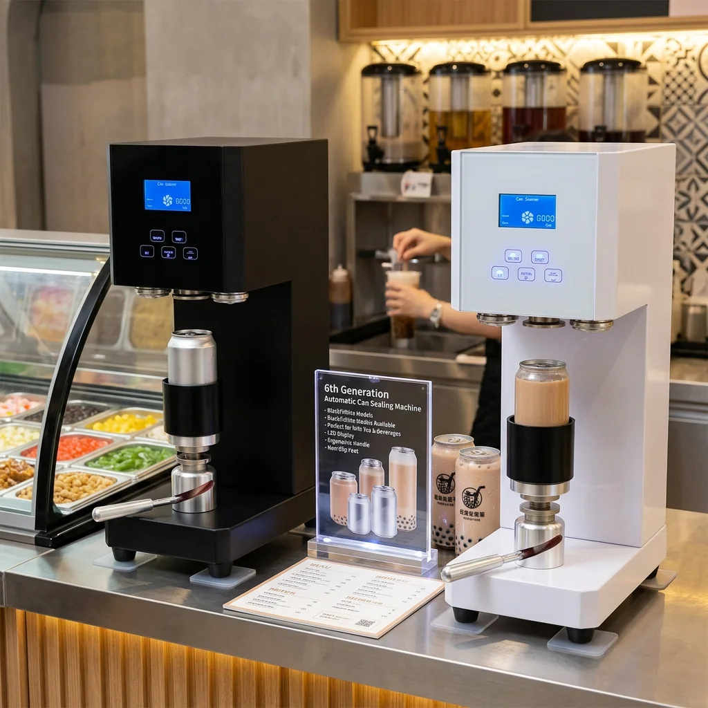 Automatic Can Sealing Machine 6th Generation Black/White Milk Tea Beverage Sealer with LED Display Non-Slip Rubber Feet Ergonomic Handle Deep Can Holder