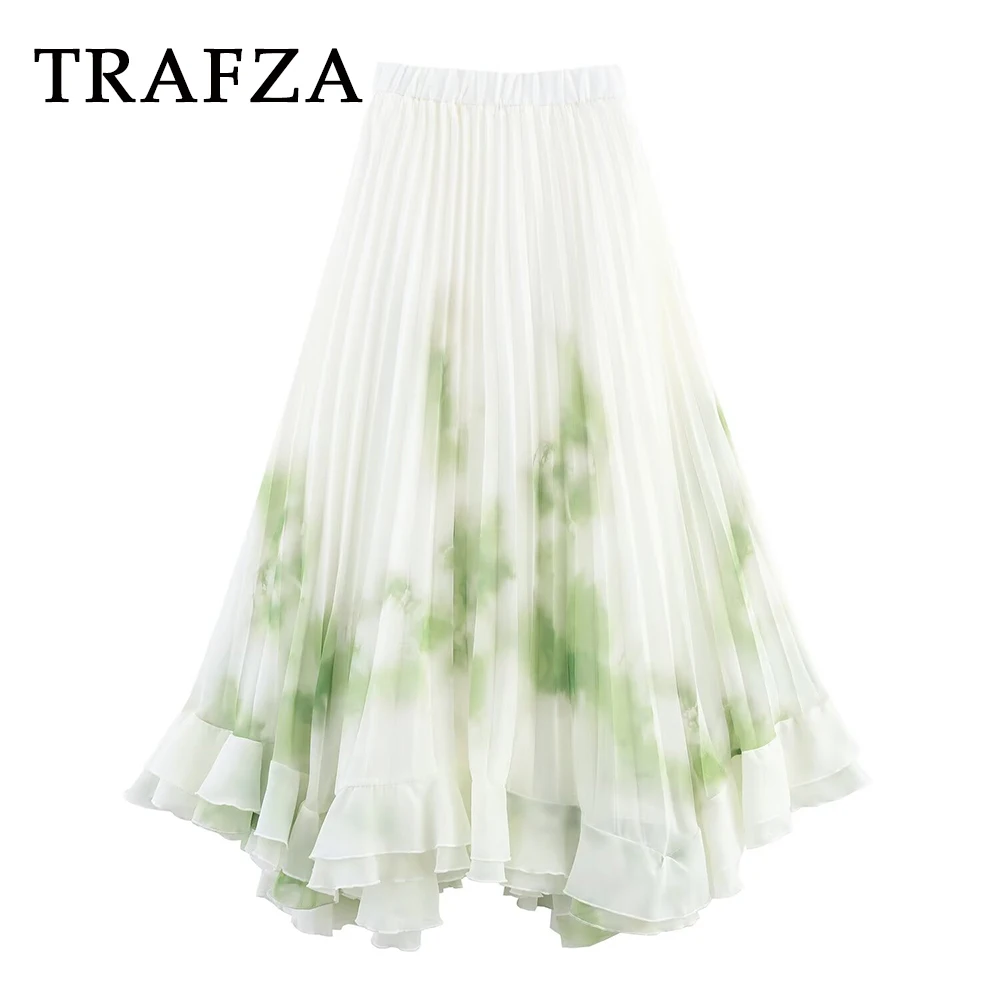 

TRAFZA Chic Green Tie Dye Elegant Pleated Woman Skirts Fashion 2025 Holiday Summer Beach Y2K Casual Print A-Line Mujer Skirts