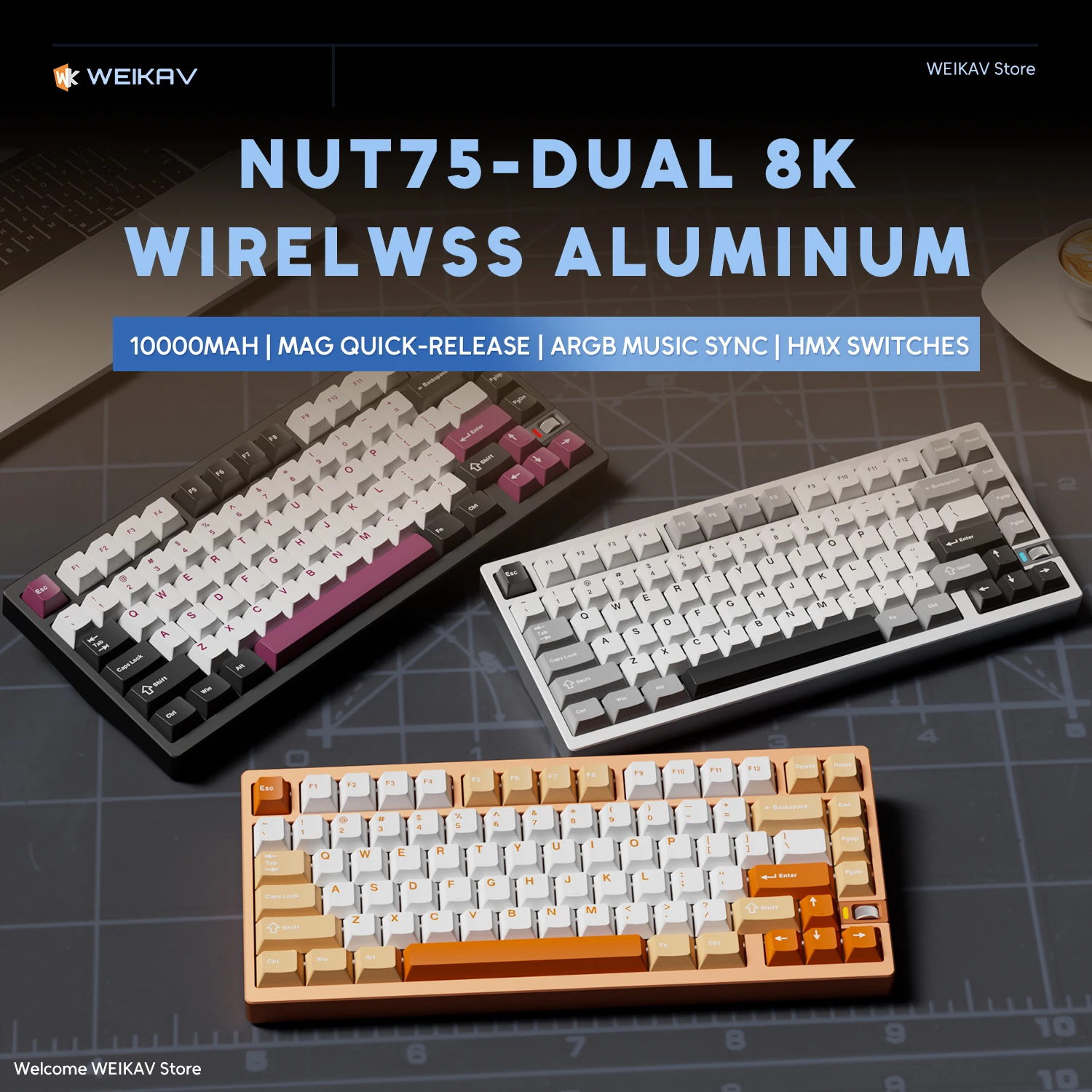 WEIKAV NUT75 Aluminum Wireless Gaming Mechanical Keyboard Kit 75% Bluetooth 2.4G 10000mAh 8000Hz RGB Hotswap Gamer Keyboard