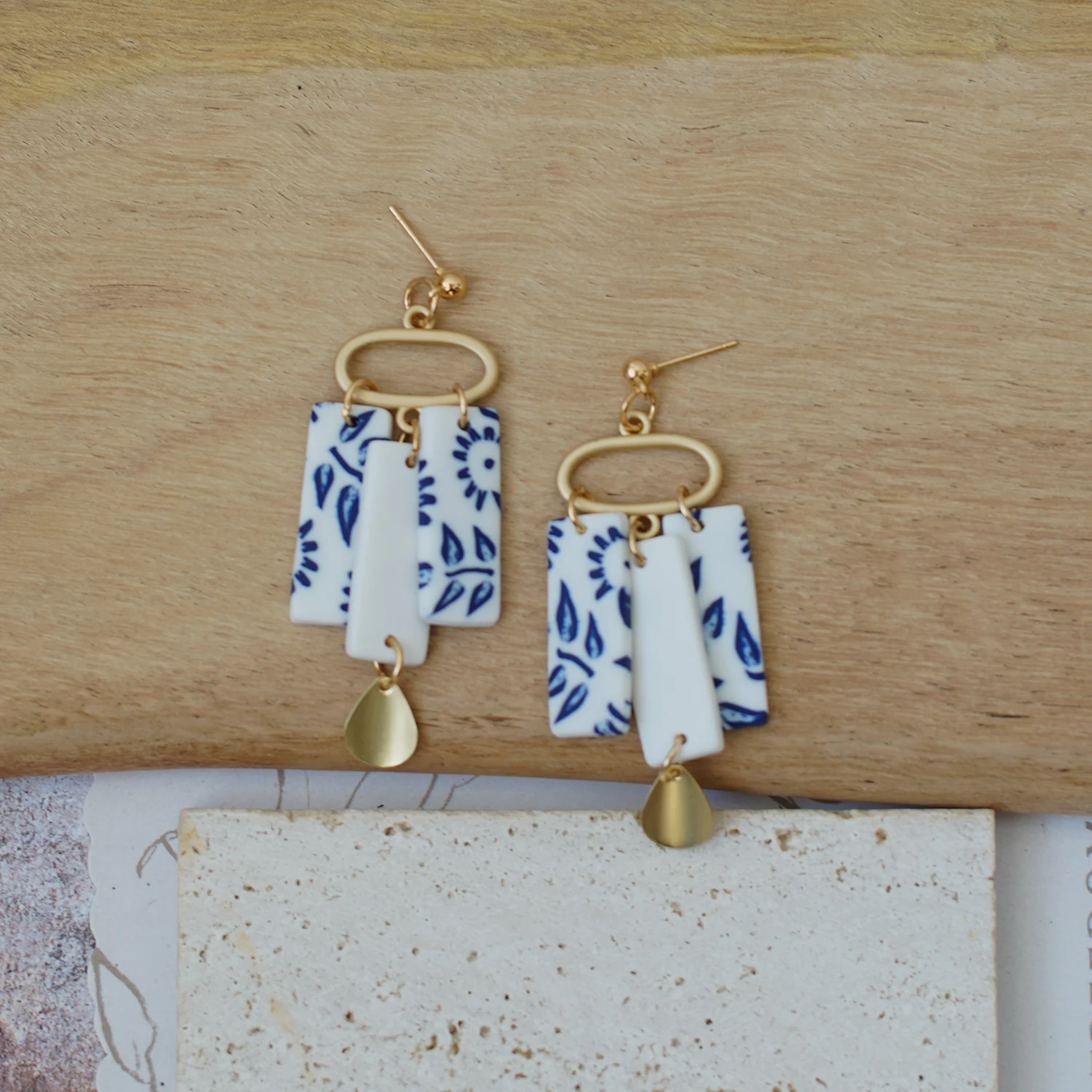 Mediterranean Style Blue Floral Clay Earrings Vintage Aesthetic White Navy Dangle Unique Artsy Tassel Fringe Jewelry Trendy Acce