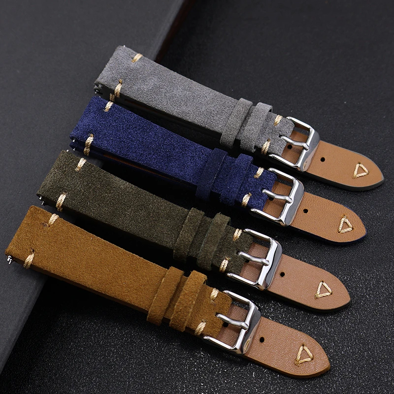 Suede Watch Straps 20mm 22mm Replacement Wristband Handmade Stitching Genuine Leather Watchband