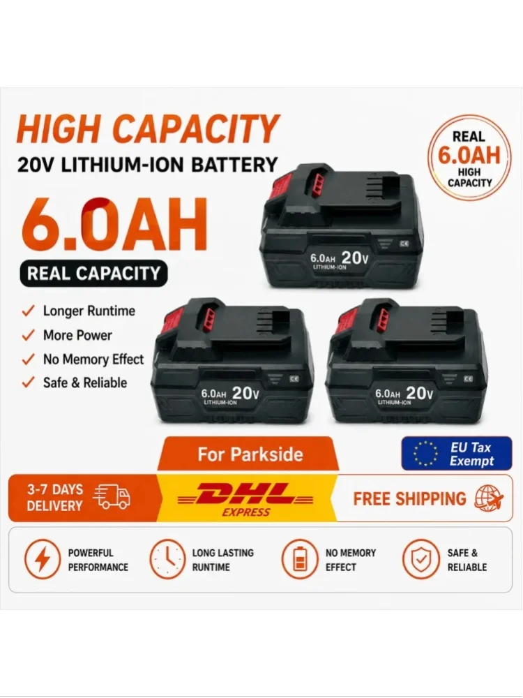 20 Volt 6,0Ah Lithium-Ionen-Ersatzakku Geeignet für Parkside X-20V System, Passend für PAP 20 B3/A3, PAPS 208 A1, Elektrobohrer, Rasenmäher, Kettensäge