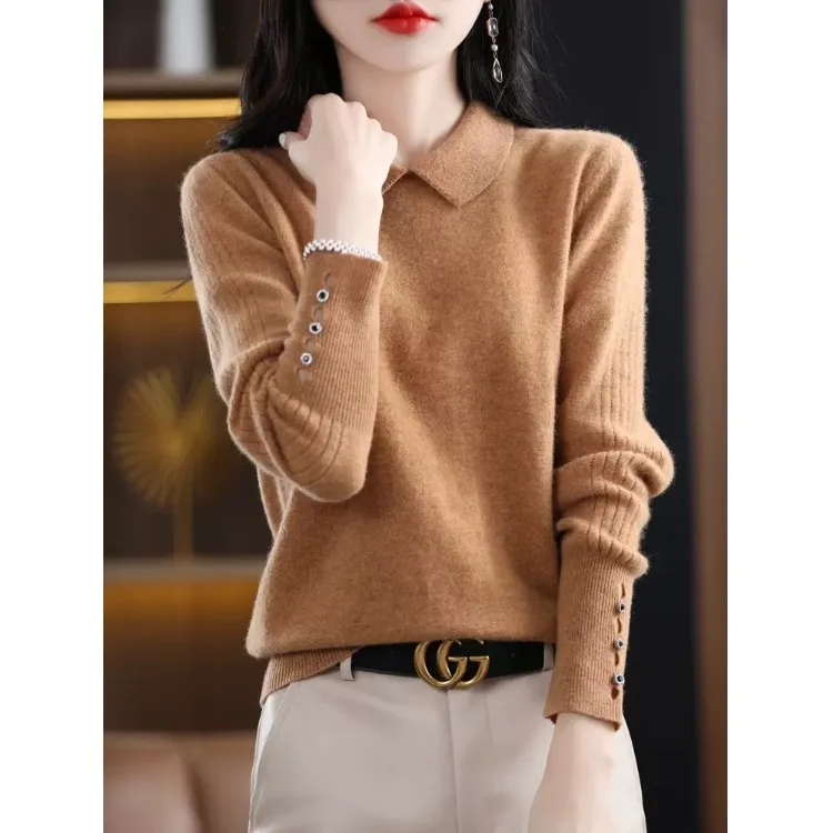 

Женская трикотажная шерстяная основа irt, весна-осень, новый кукольный воротник, облегающий длинный све, теплый цвет