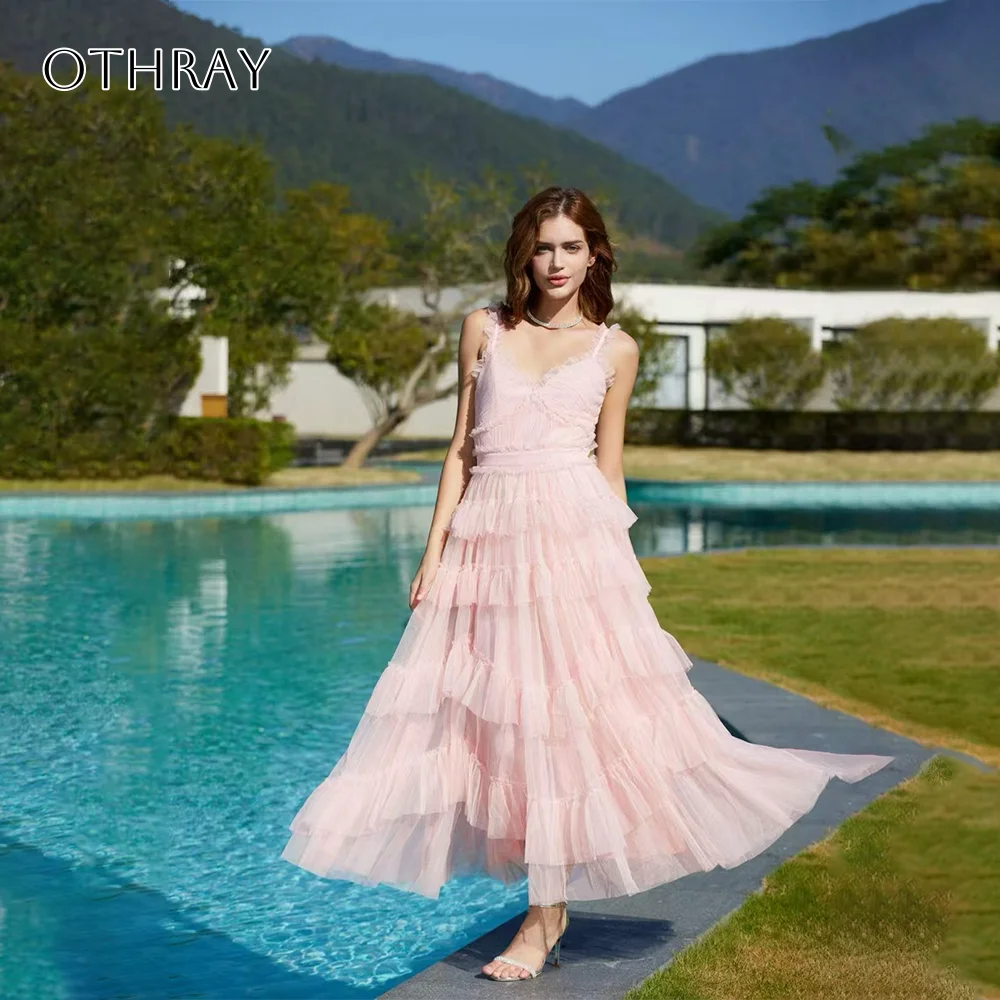 

Spaghetti Straps Tiered A-line Homecoming Dress Tulle Sleeveless Ankle Length Customized فساتين حفلة موسيقية