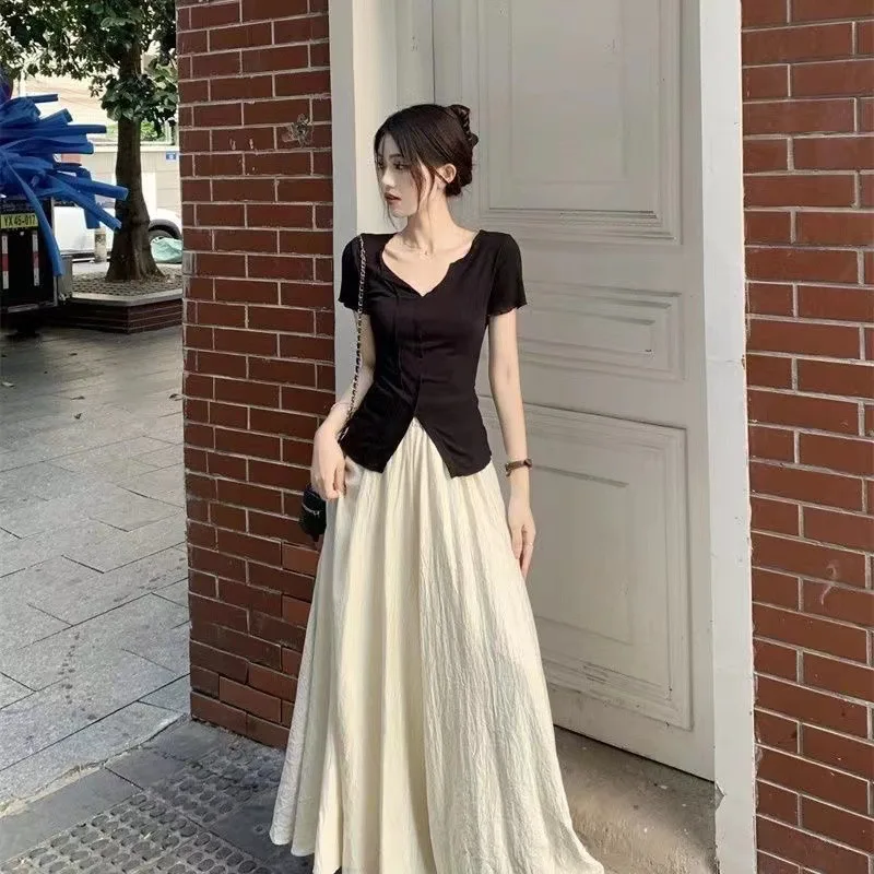

High Waist Short Sleeve Women's Set Spicy Girl Short Two-Piece Suit Polyester Fiber Pure Color Winter Collection College Style