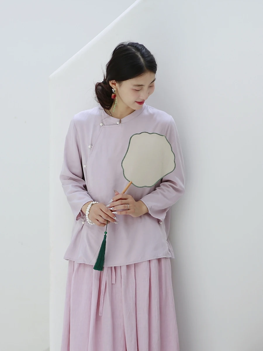 

Женское платье из розового волокна в китайском стиле с воротником-стойкой и боковыми пуговицами, весенне-летнее, для чаепития, повседневное, прямого кроя