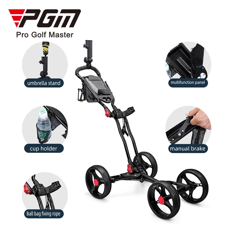 PGM QC005 foldable push golf trolley 4 wheel manual golf trolley with umbrella stand