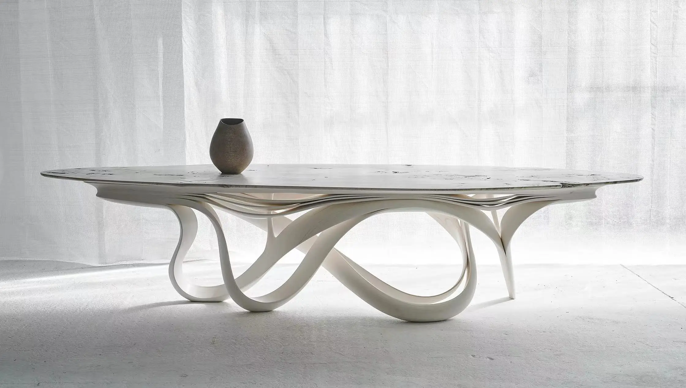 Designer solid wood bending process dining table, chair, transparent resin tabletop, commercial space, art furniture