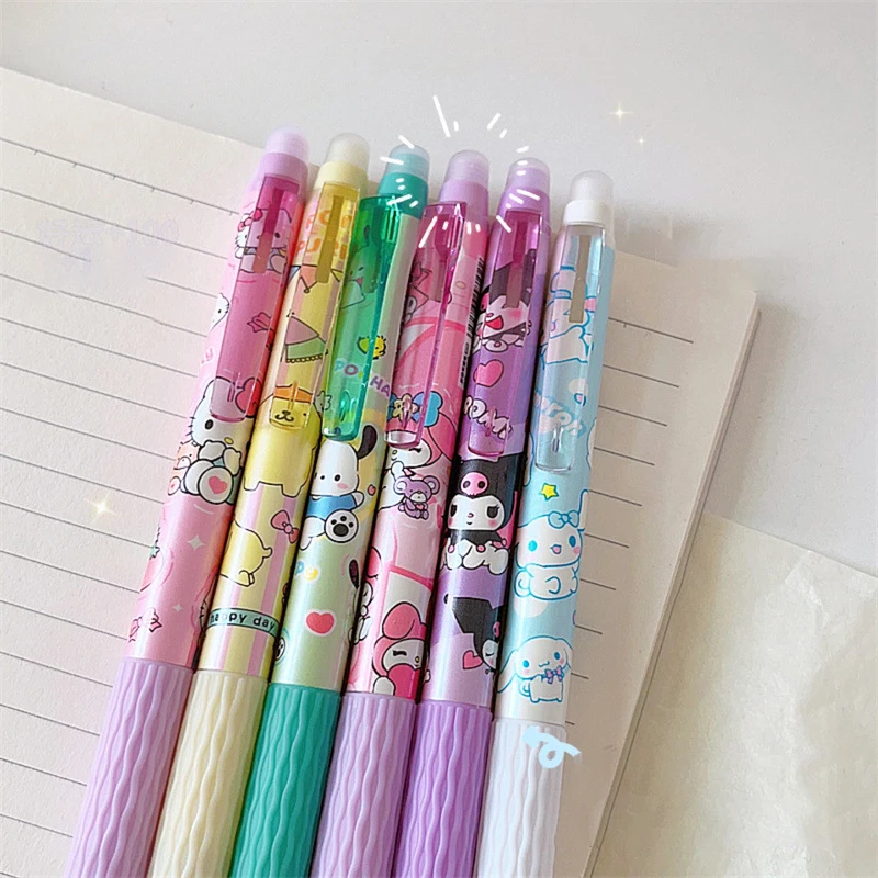 Sanrio-Bolígrafo de Gel borrable de dibujos animados, Cinnamonroll, Kuromi Melody, 0,5mm, tinta azul, escritura, secado rápido, papelería para estudiantes, 1/6 piezas