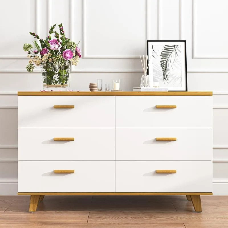 Natural Wooden Color Bedroom 6 Drawers Dresser,All Wood Made Chest of Drawers with Thick Roof,Wood Handle and Wood Legs Stoset,