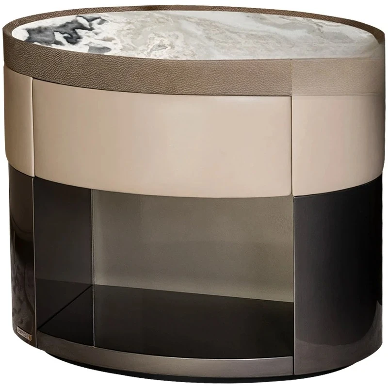 

Italian Minimalist Oval Bedside Cabinet Leather Art Light Luxury High-Grade Designer Model Bedside Locker