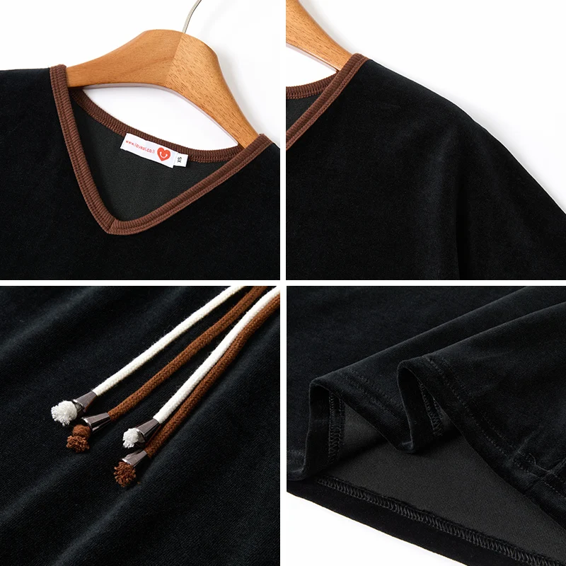 Schabbat-Kleid für Teenager/Frauen, Winter-Robe mit Kurzen Ärmeln, 2 Kordelbändern, Mädchen Schwarzes Velours-Kleid, Größen XS-XXXL – Detail 13