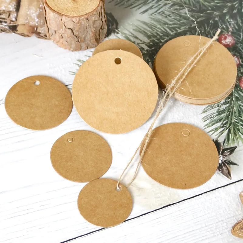 100pcs 3-5cm Round Kraft Paper Tags with Strings Wedding Birthday Christmas Party Gift Hang Tag Labels Packaging Supplies Decor