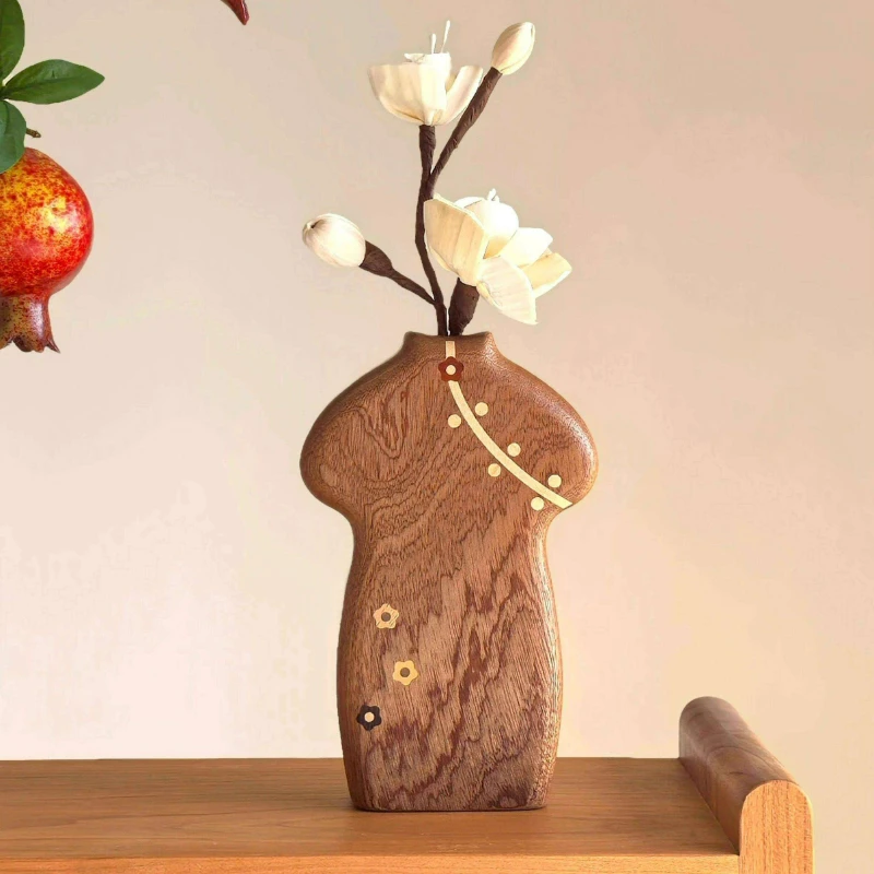 Vintage Entryway Cheongsam Vase Solid Wood Chinese Floral Holder New Asian Style Tabletop Decor & Aroma Diffuser Vase