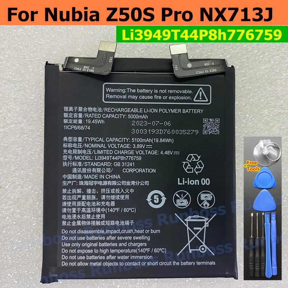 New Original Li3949T44P8h776759 5100mAh Battery for ZTE Nubia Z50S Pro NX713J Mobile Phone 1ICP6/68/74