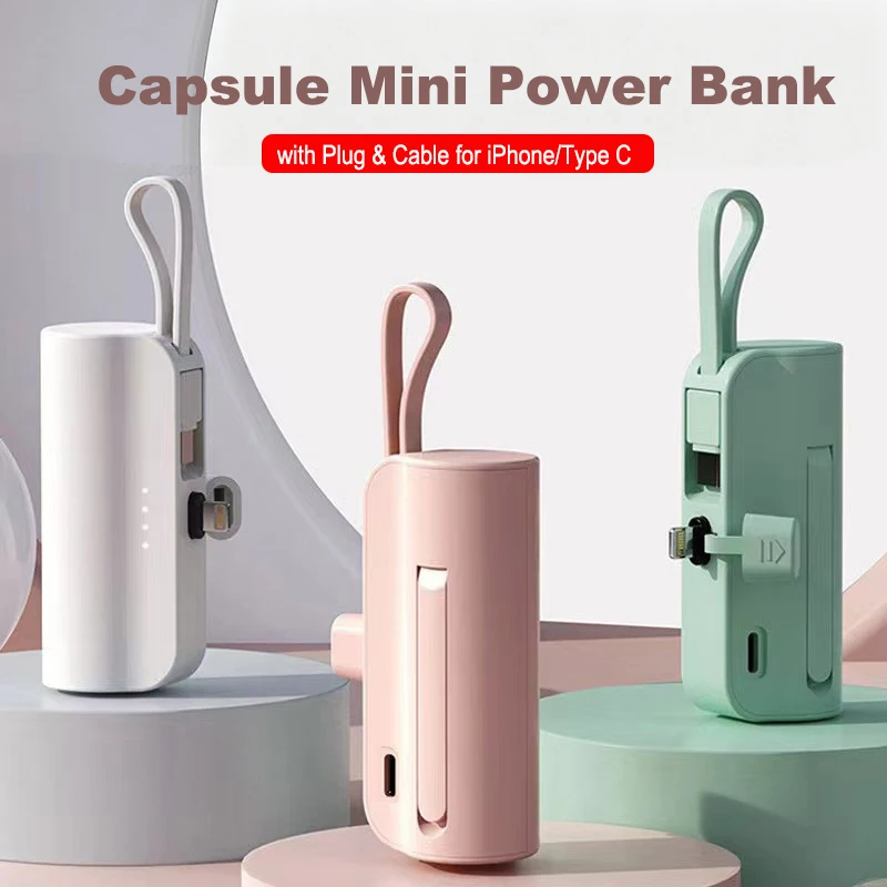 

Mini Capsule Power Bank with Cable Phone Holder Portable Charger Fast Charging External Battery for iPhone Xiaomi Samsung Huawei