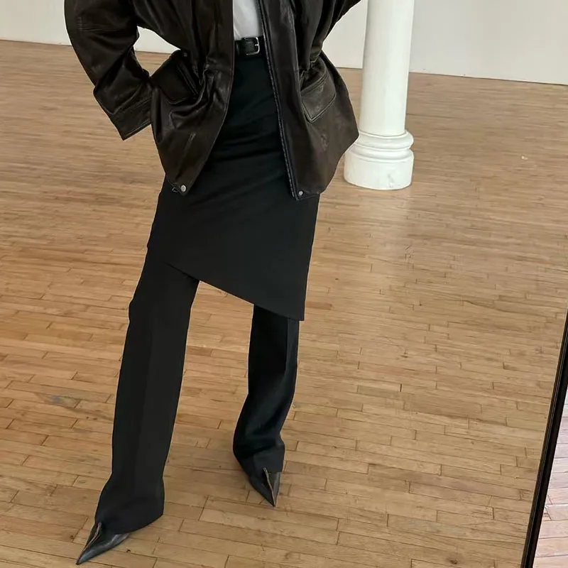 2025 خريف/شتاء جديد تنورة غير متناظرة المرقعة فو قطعتين عالية الخصر مستقيم الساق فستان كاجوال بسيط السراويل