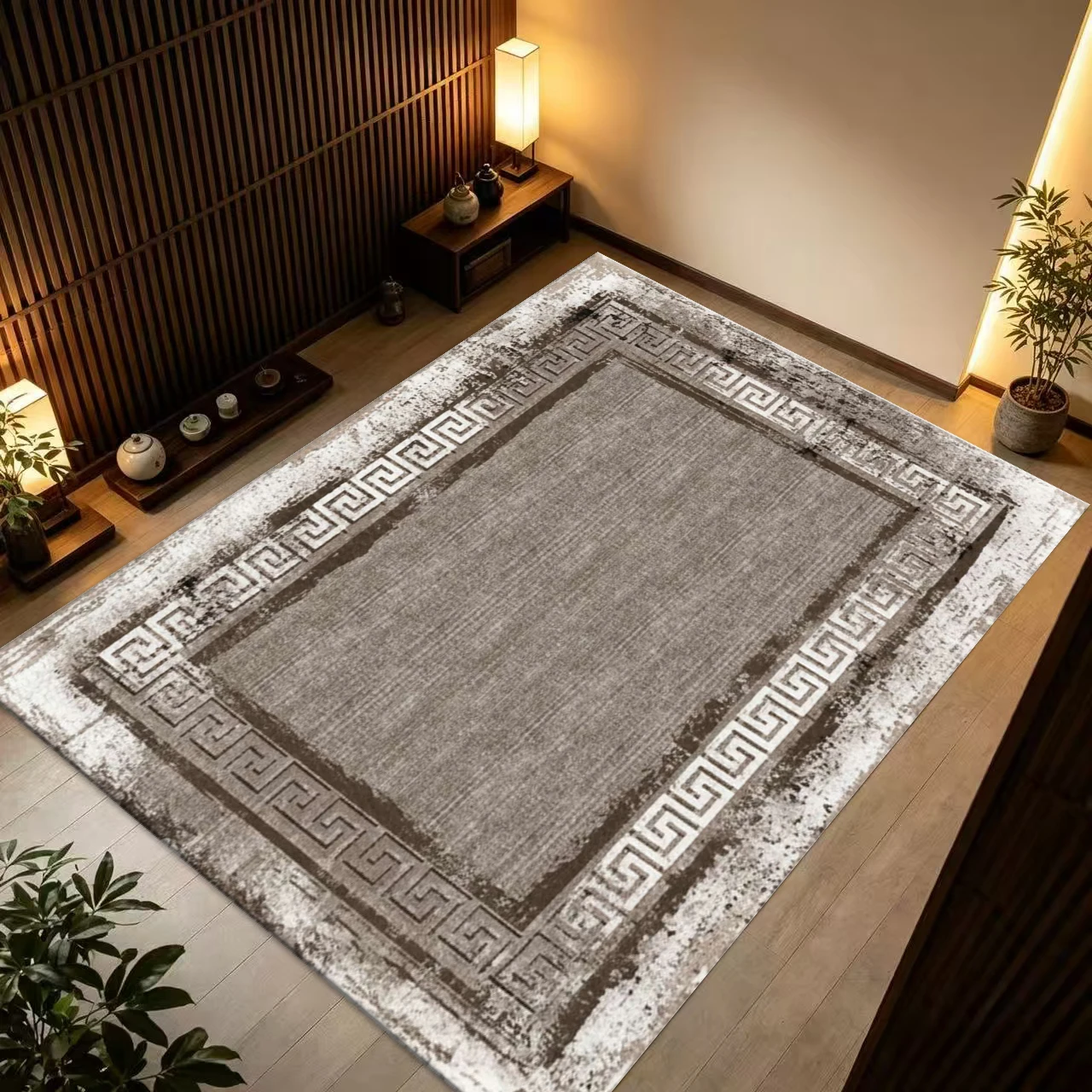 Vintage Distressed Greek Key Border Square Rug Non-Slip Retro Floor Mat for Living Room Hall Home Decoration