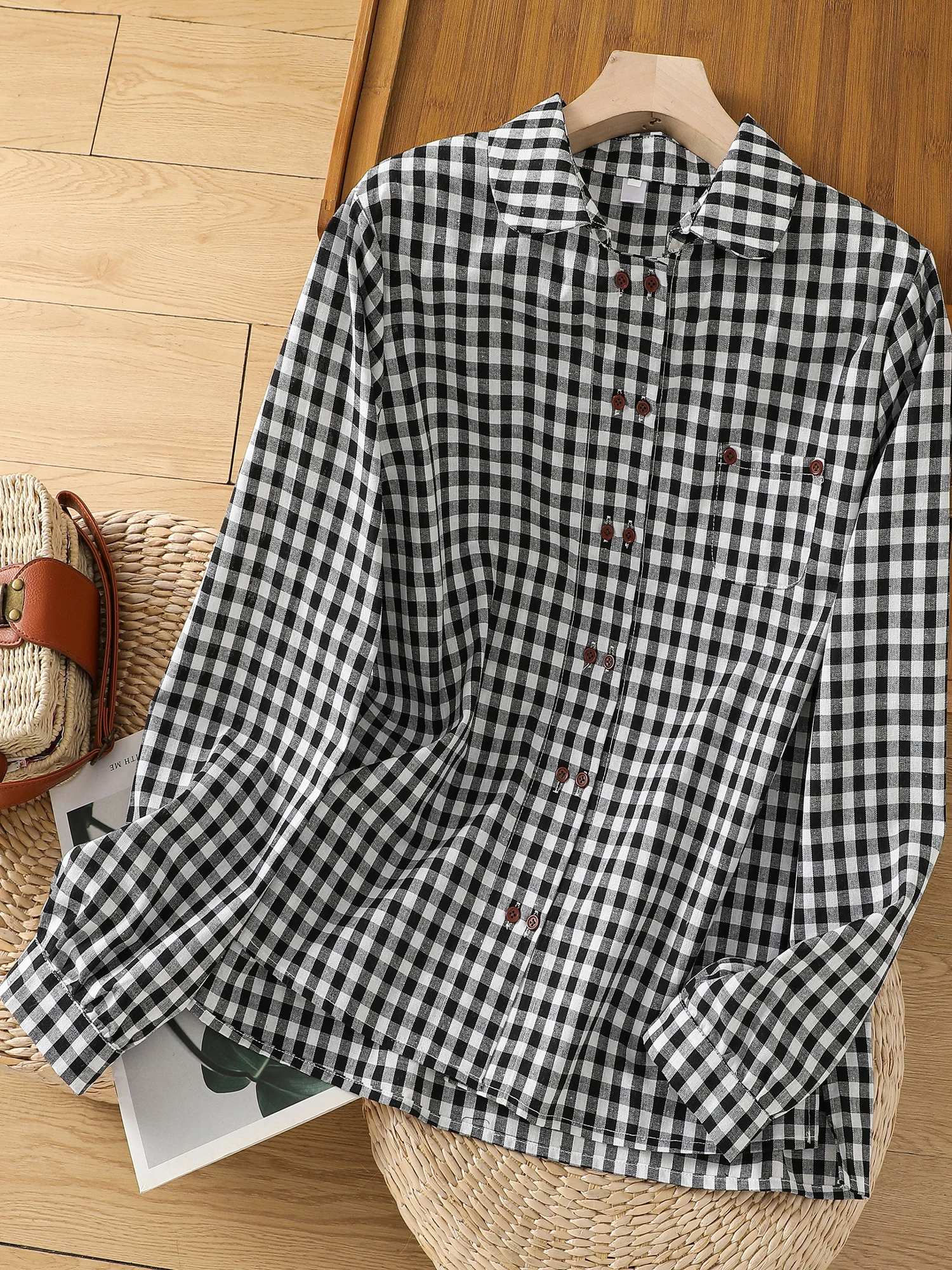 Retro Plaid Katoen Linnen Lange Sve Dames Irt Lente Nieuwe Sle Casual Pop Kraag Open Vest Irt Anti-aging Top