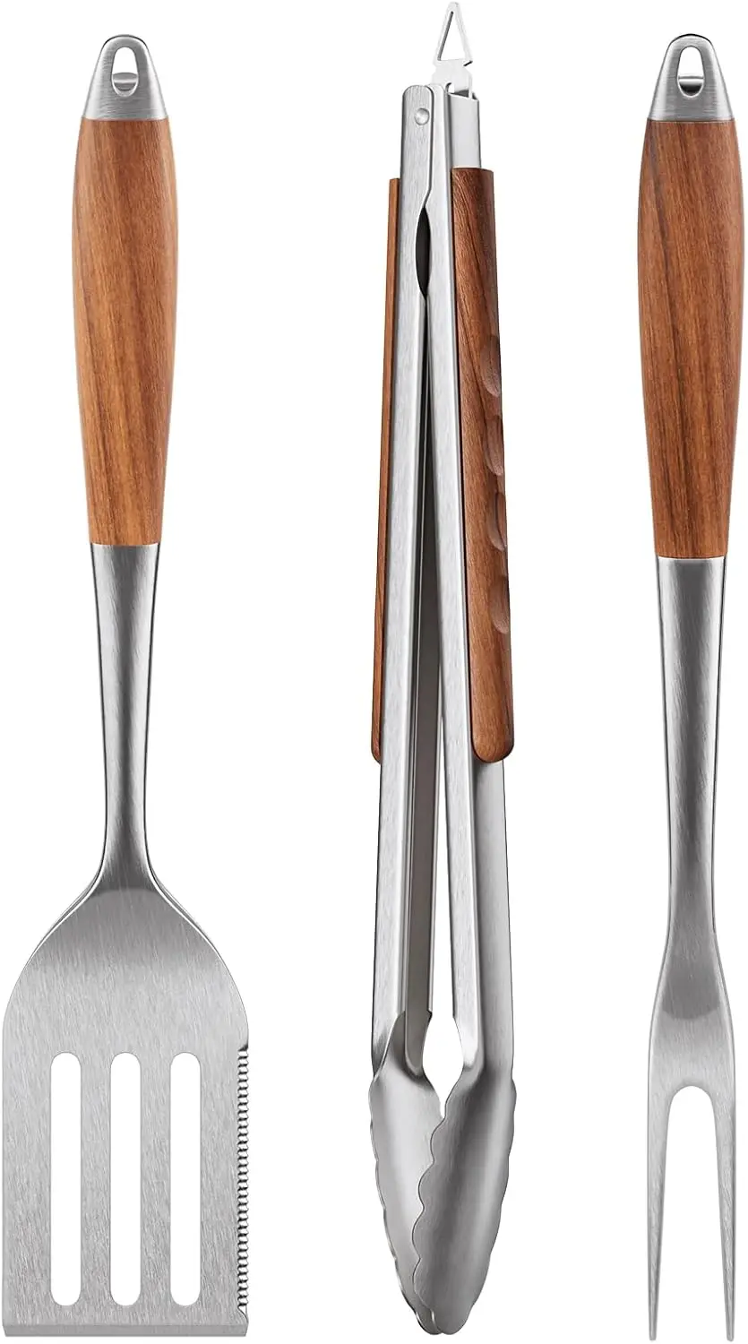 

Heavy-Duty BBQ Grilling Tools Set with Rosewood Handle & Food-Grade Stainless Steel, 3Pcs Outdoor Grill Accessories for Men