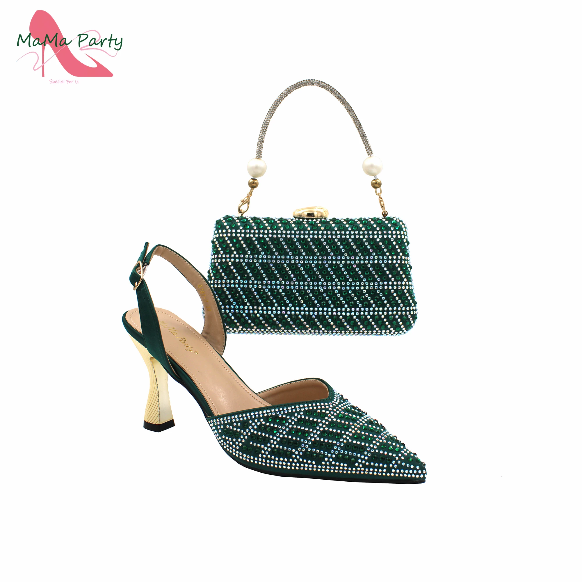 

Green New Design Nigerian Women Shoes and Bag Set High Quality Specials Arrivals with Shinning Crystal for Dress