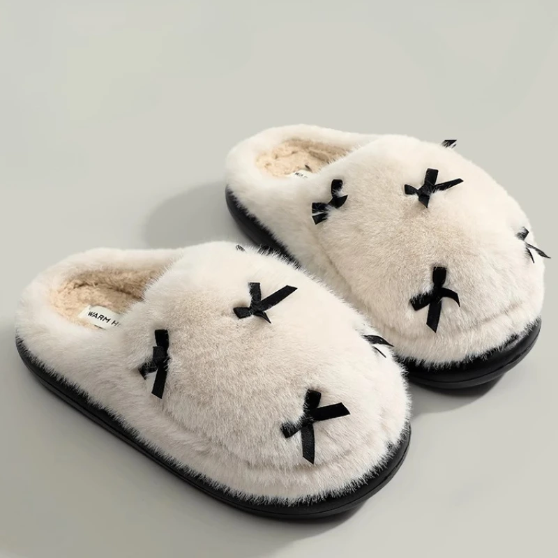 

Плюшевые зимние женские домашние тапочки с бантом, милые удобные шлепанцы для девочек, теплые пушистые тапочки на мягкой подошве, женские Pantuflas Mujer