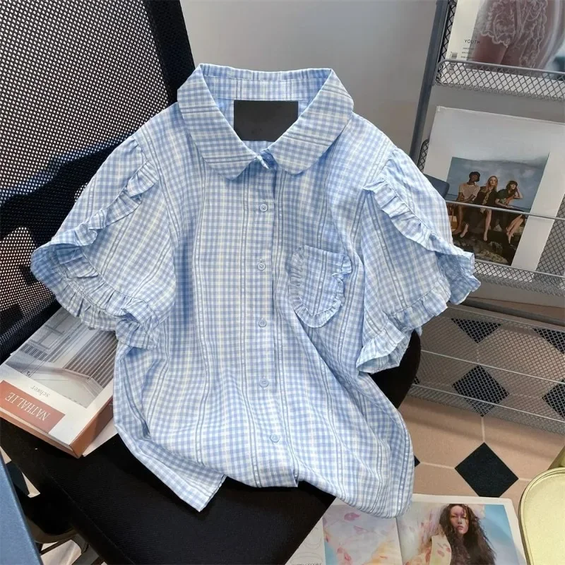 DAYIFUN-Japanese Doll Neck Shirts,Women Ruffled Plaid Design Blouses,French Retro Sweet Bubble Sleeve Lady Tops,Summer Blusas