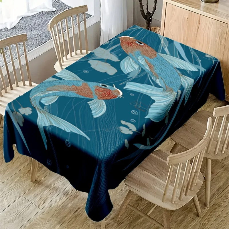 Japanese Koi Tablecloth, Blue Water Background With Koi Fish Pattern, Waterproof Table Cover for Daily Meals & Home Party Use