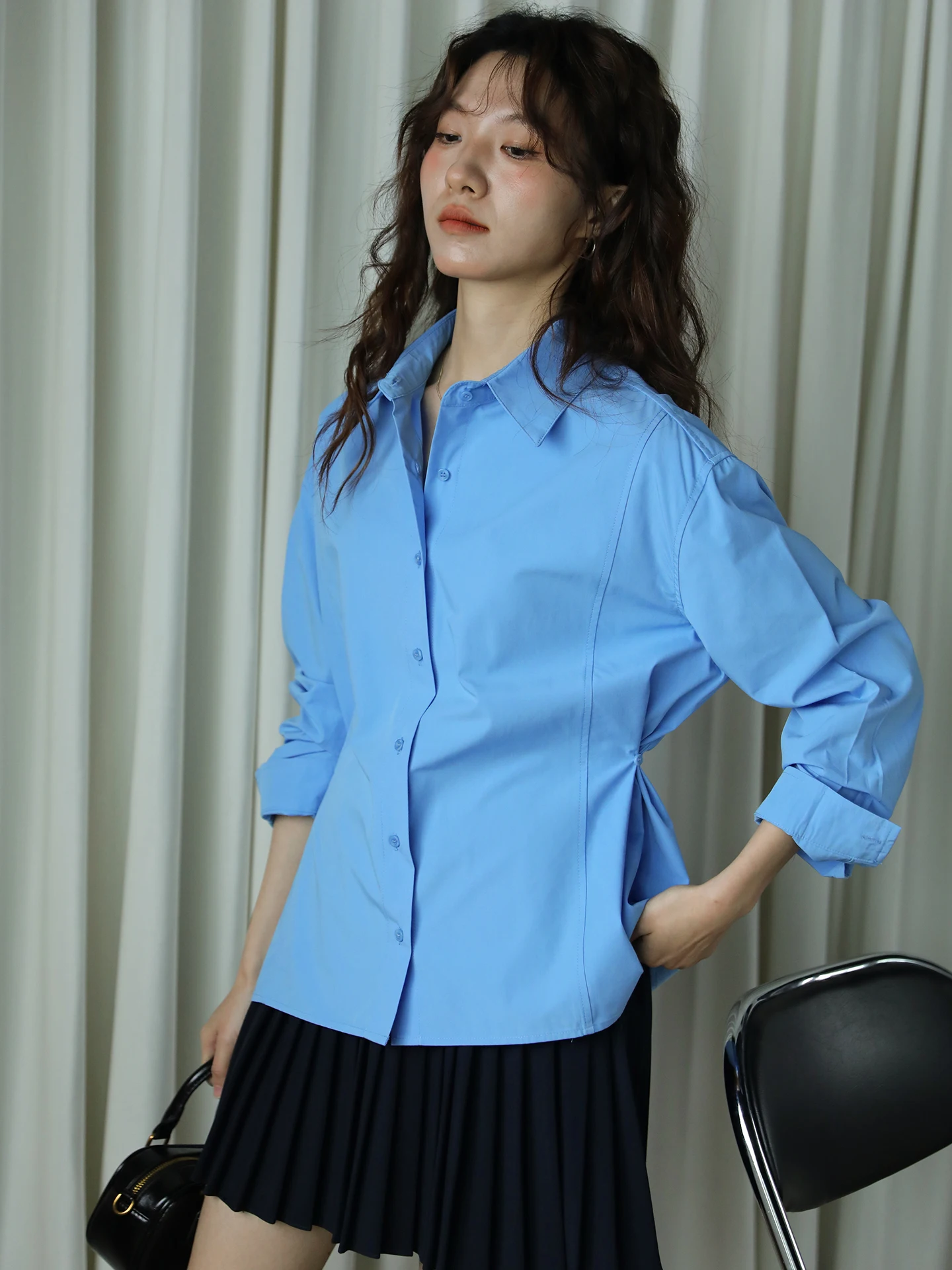 

Spring Early Blue Cotton Loose Women's irt Long Sve Turn-down Collar Breathable Comfortable Vintage Design Commute Top