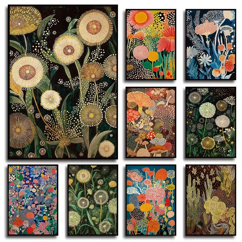 Abstract Botanical Pattern Dandelion Mushroom Cactus Flower Inspired Poster Canvas Painting Wall Art Picture Home Interior Decor