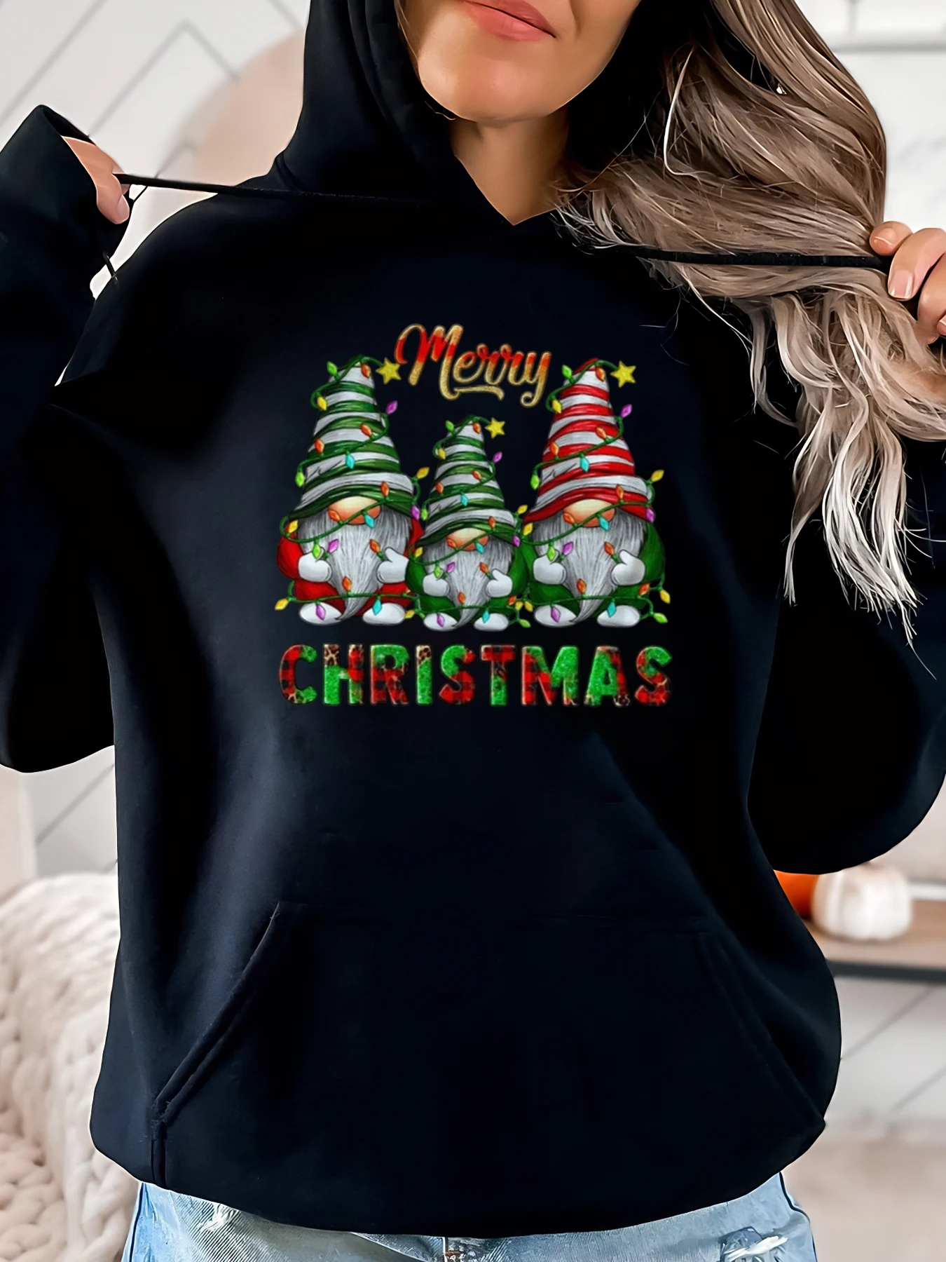 Feliz Natal Gnomos Estampado Moletom Com Capuz Natal Feminino Casual Wear Preto Plus Size