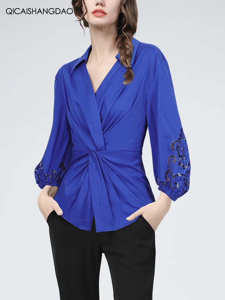 Design francese con scollo a v e camicia ricamata scavata per abbigliamento primaverile 2024 da donna, nuovo top a maniche lunghe intrecciato e